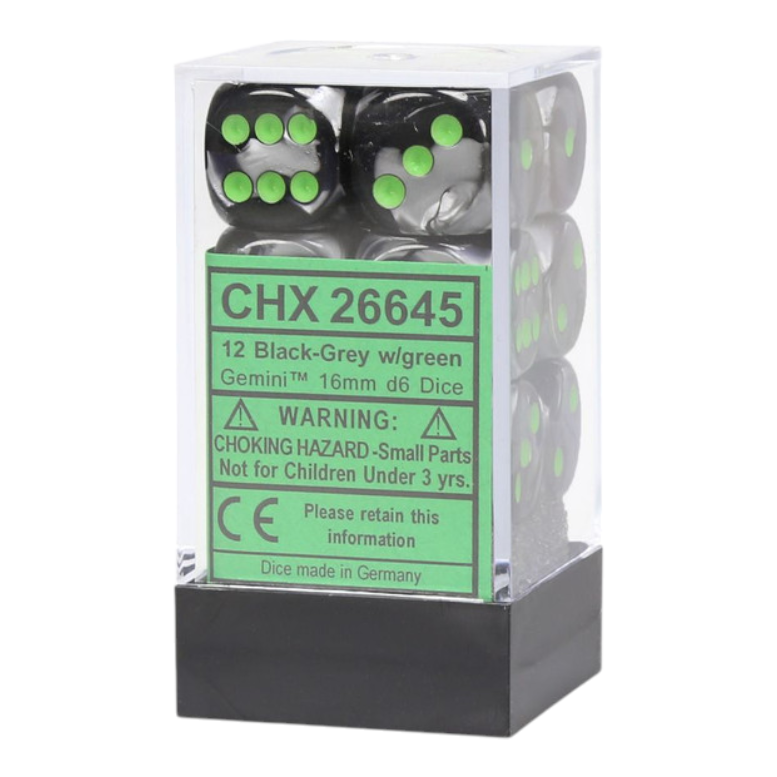 Chessex Gemini 16mm d6 Dice Set Black Grey with Green Pips CHX 26645