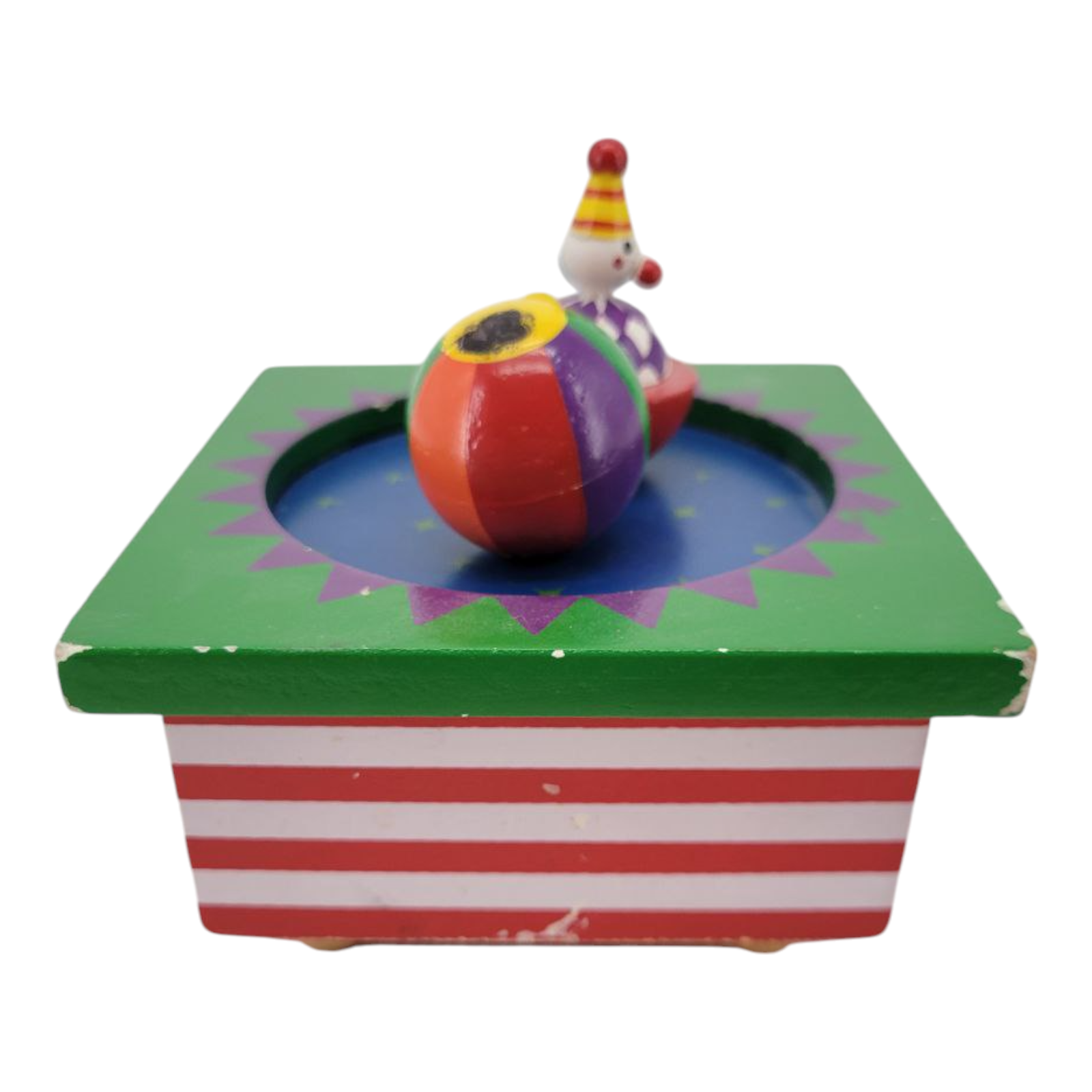 Vintage Wooden Magnetic Circus Clown and Ball Cartoon Music Box