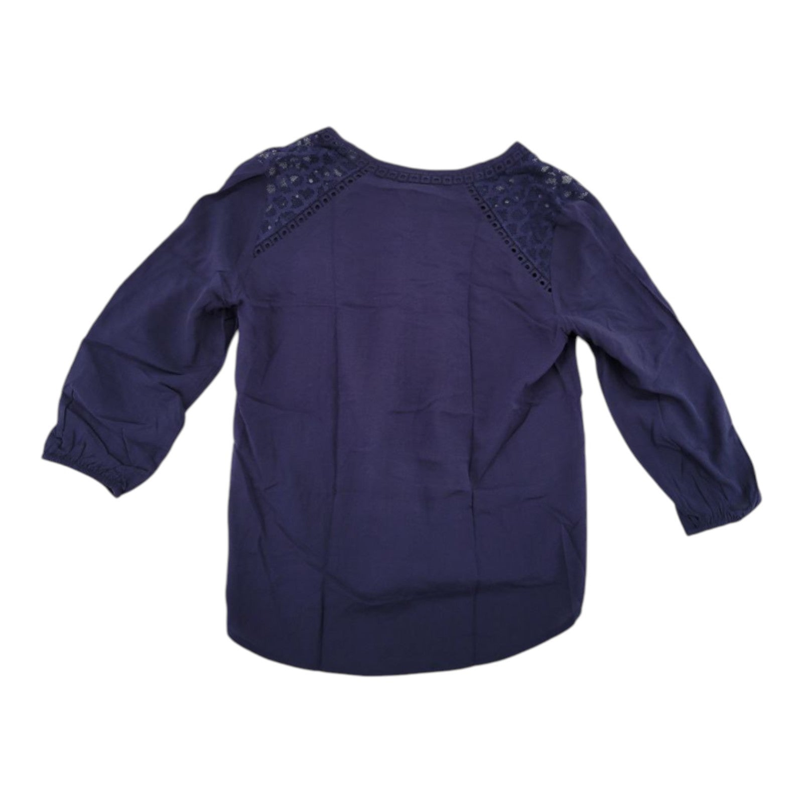 FATE Women's Navy Blouse Large 3/4 Sleeve Top Crochet Lace Trim