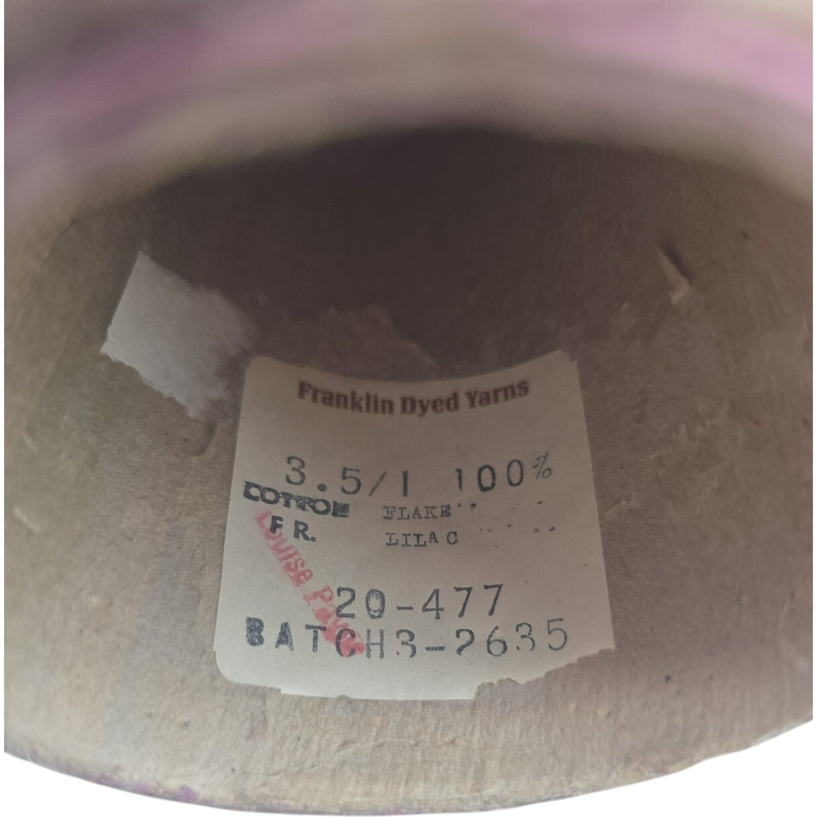 Vintage Franklin Dyed Yarns 3.5/1 Lilac 20-477 Cone Yarn Batch 3-2635