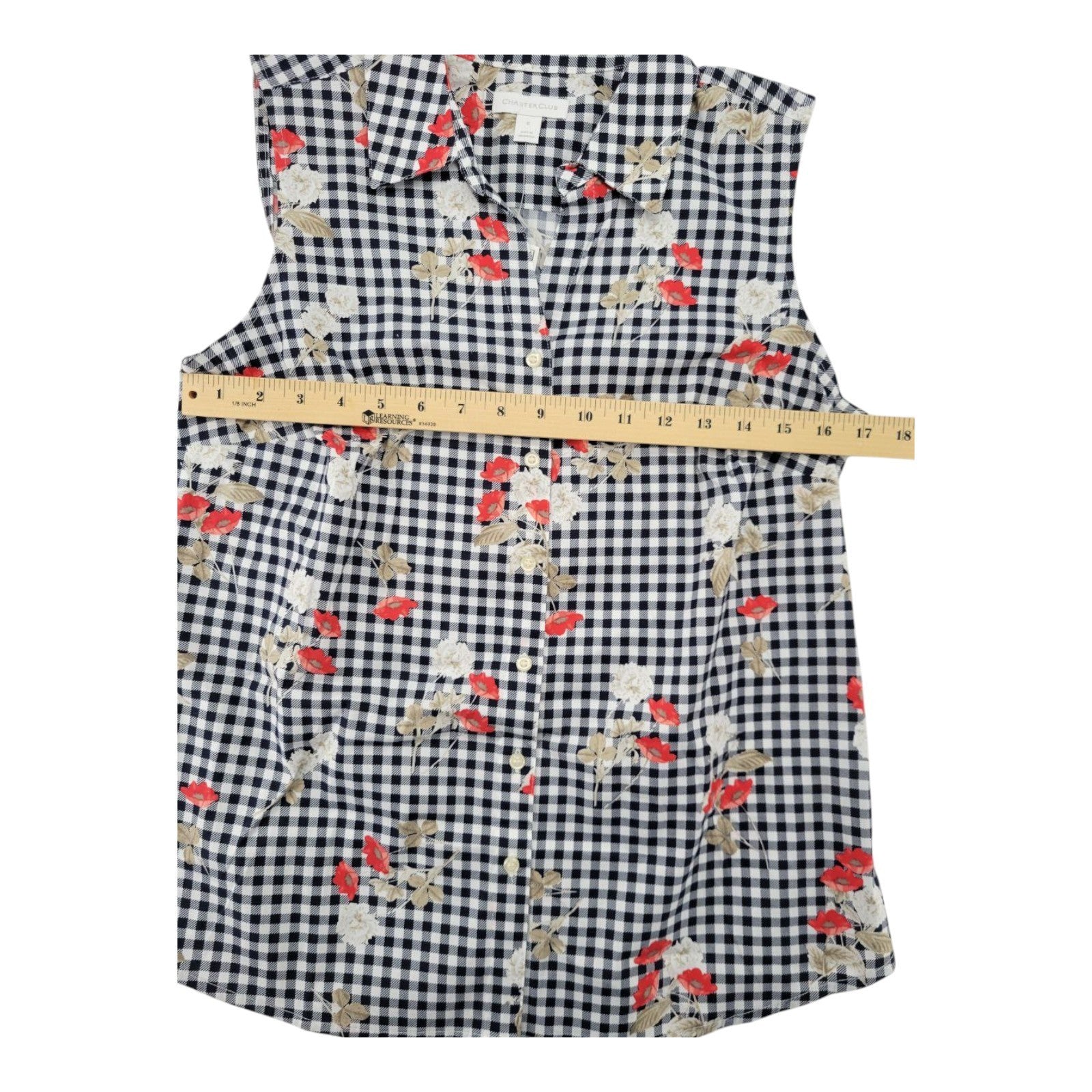 Charter Club Women's Sleeveless Gingham Floral Blouse Bright White Combo Size 6