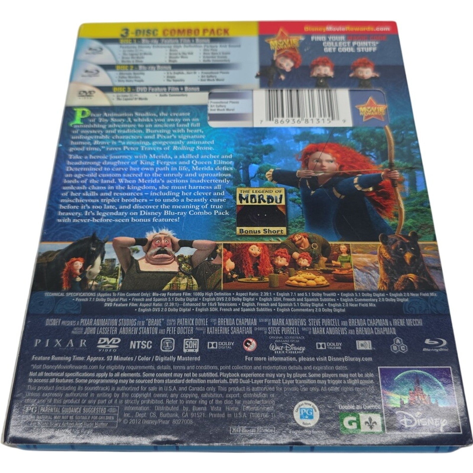 Bave Disney Pixar Collector's Edition Blu-ray DVD Combo - 2 Disc No 3D Disc