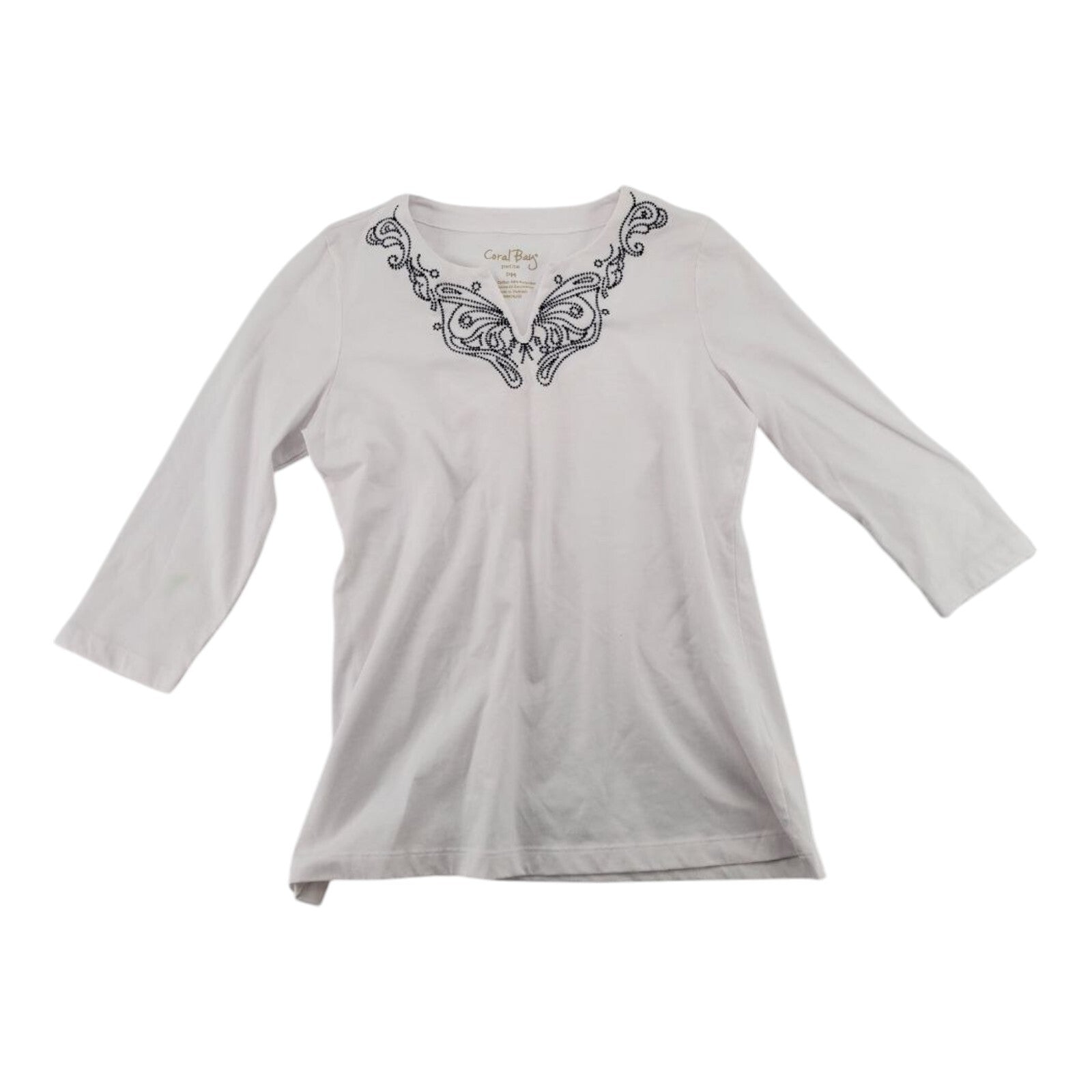 Coral Bay Petit White Embellished V Neck 3/4 Sleeve Top PM