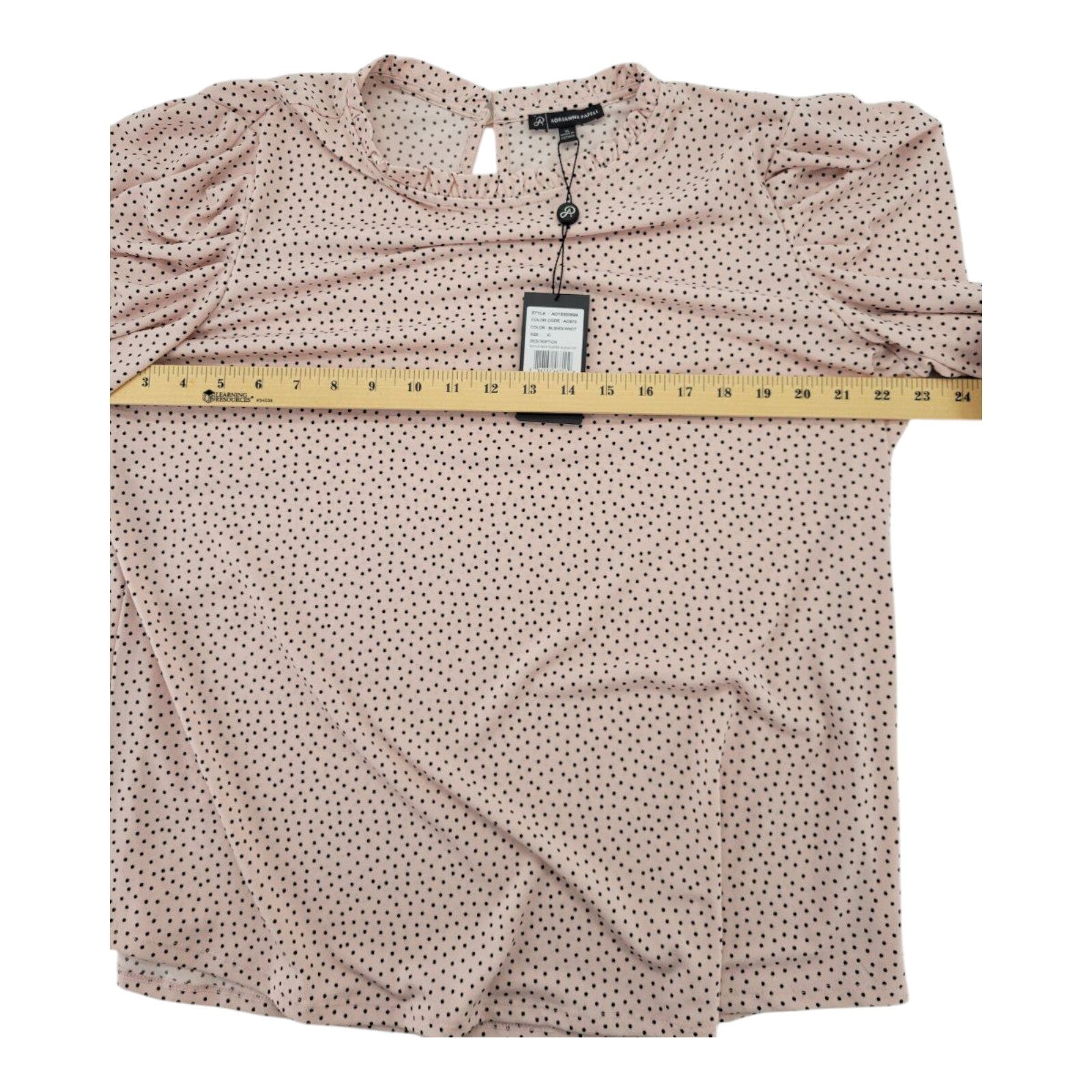 Adrianna Papell Pink Polka Dot Blouse Womens Ruffle Neck Puff Sleeves Size XL
