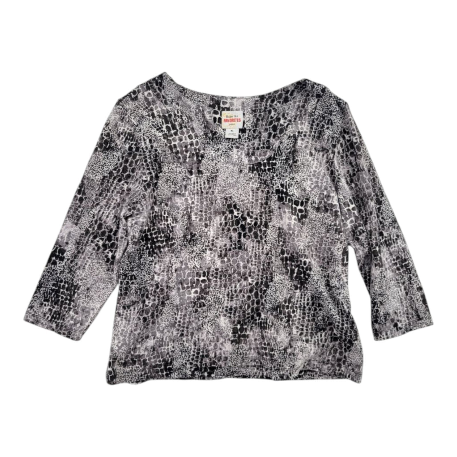Ruby Rd. Favorites Women's Black White Animal Print Top 3/4 Sleeve Size PL