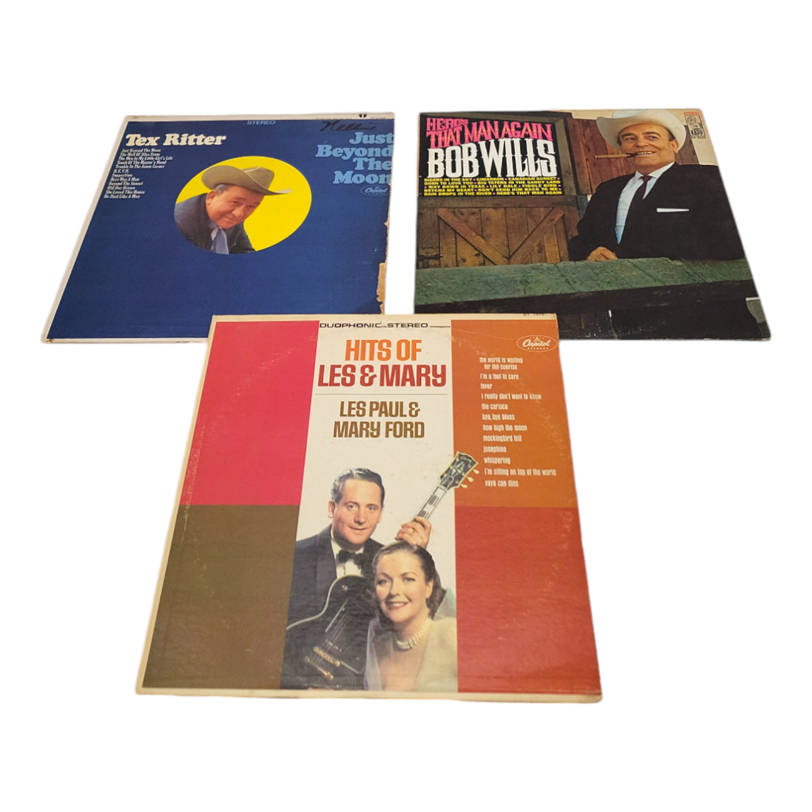Vintage Tex Ritter Bob Wills and Les Paul Vinyl LP 3 Record Bundle