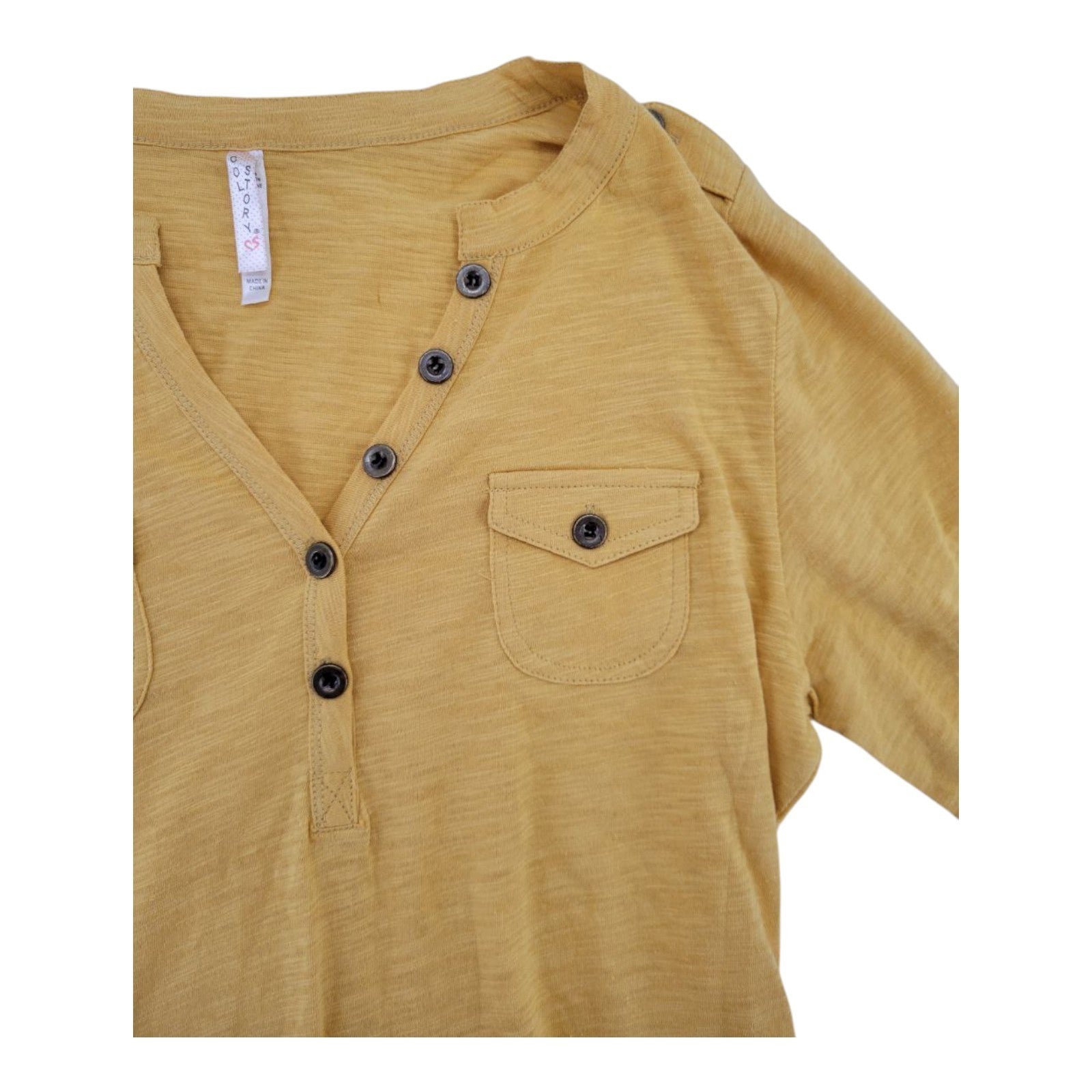 Color Story Mustard Yellow Long Sleeve Top Size S Button Pockets