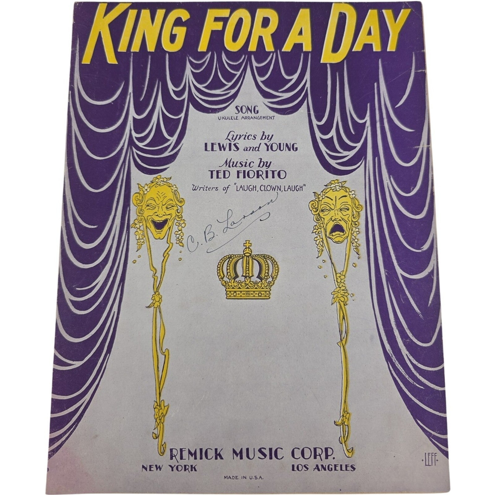 Vintage 1928 Sheet Music King For A Day Lewis and Young by Ted Fiorito