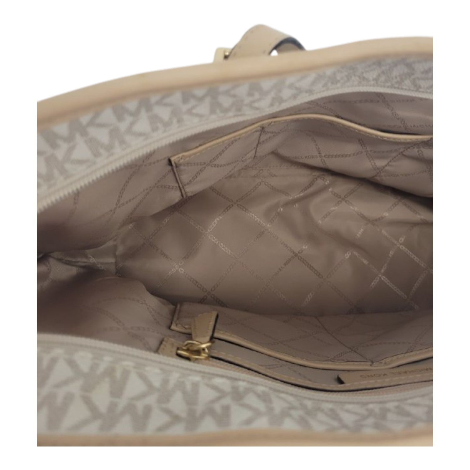 Michael Kors Jet Set Travel Tote Vanilla MK Logo Canvas Leather Gold Charm