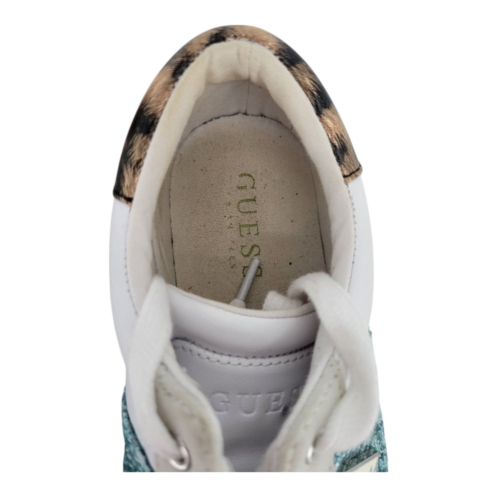 GUESS Glitter Leopard Print Sneakers ASTRAY3 White Blue Womens 8.5 M