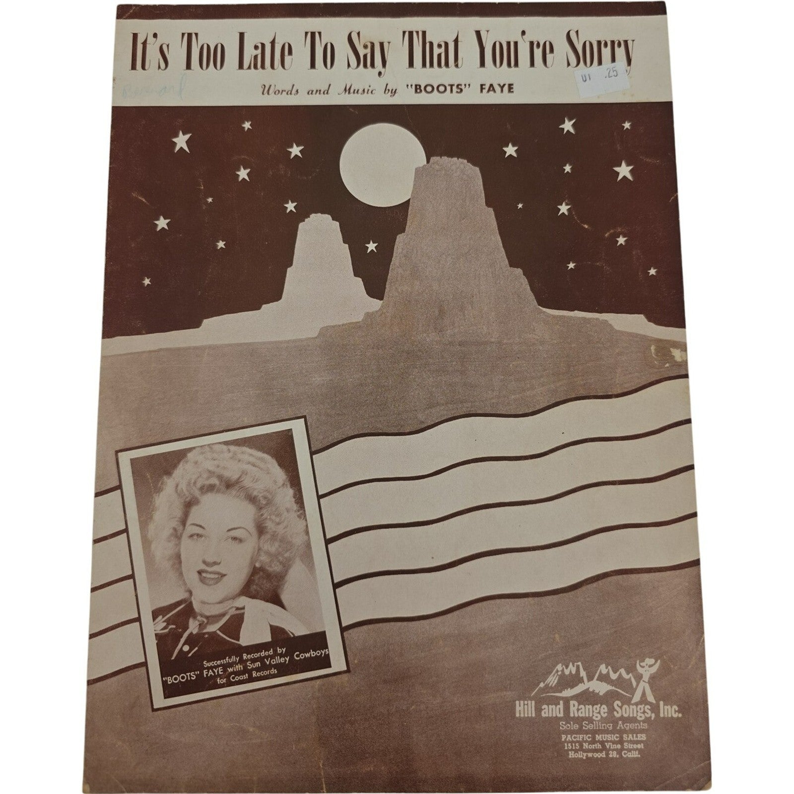 Vintage Sheet Music 1946 It's Too Late To Say That You're Sorry by Boots Faye