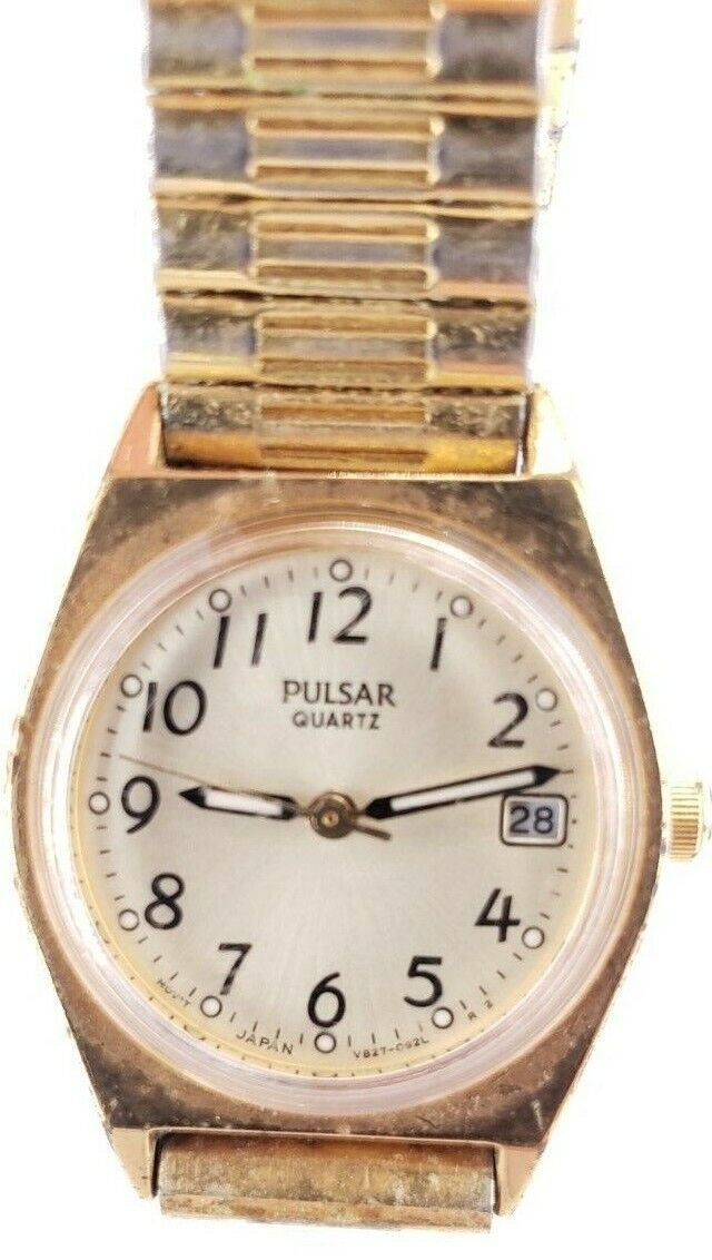 Vintage Womans Pulsar Quartz Watch v827-O92L Speidel U.S.A Gold Band