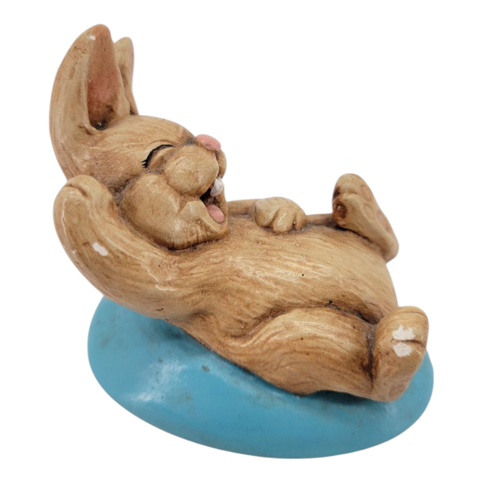 Vintage Laughing Bunny Brown Resin Rabbit Figurine on Blue Base Collectible