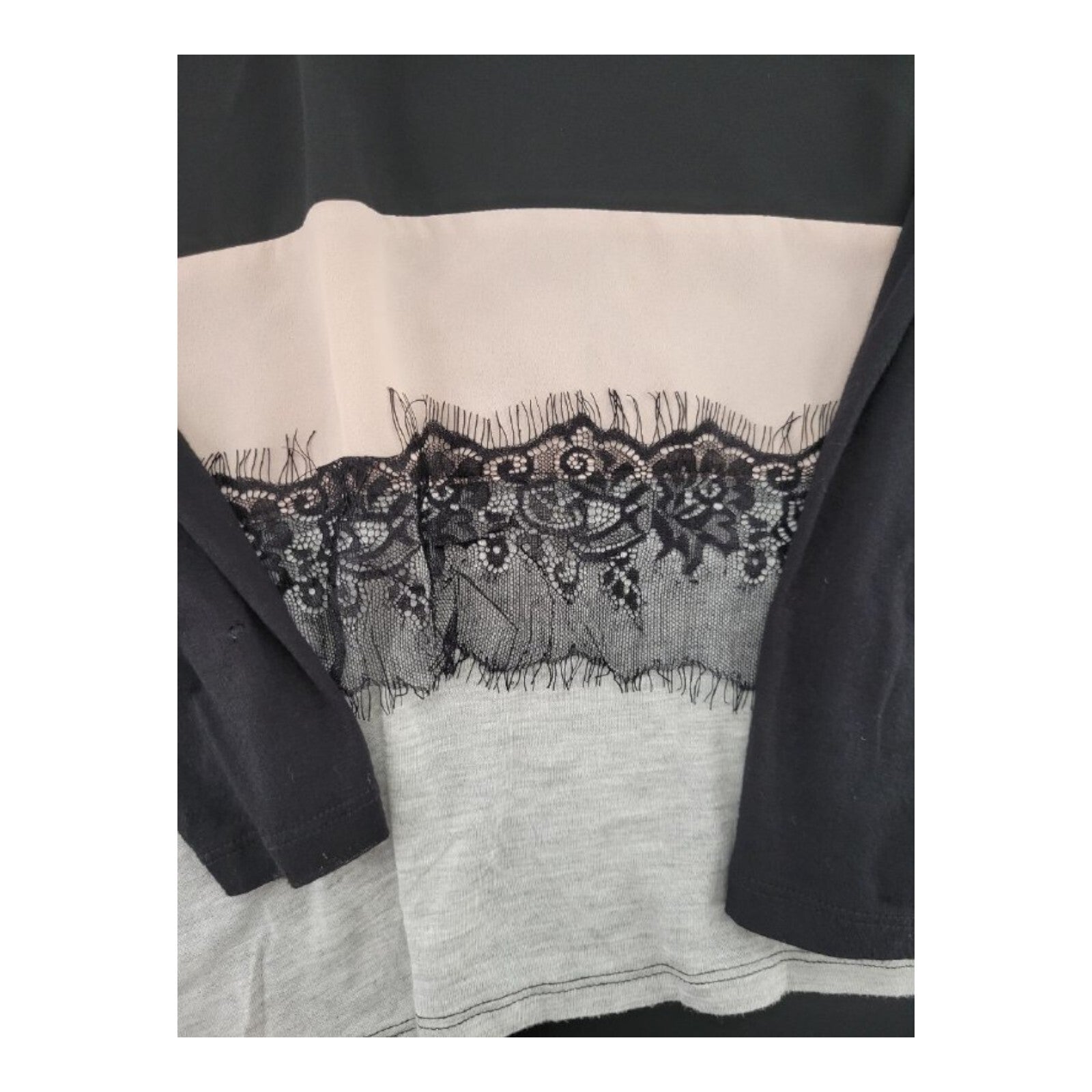 B'leev Womens Long Sleeve Blouse Lace Striped Black Gray Pink Size XL