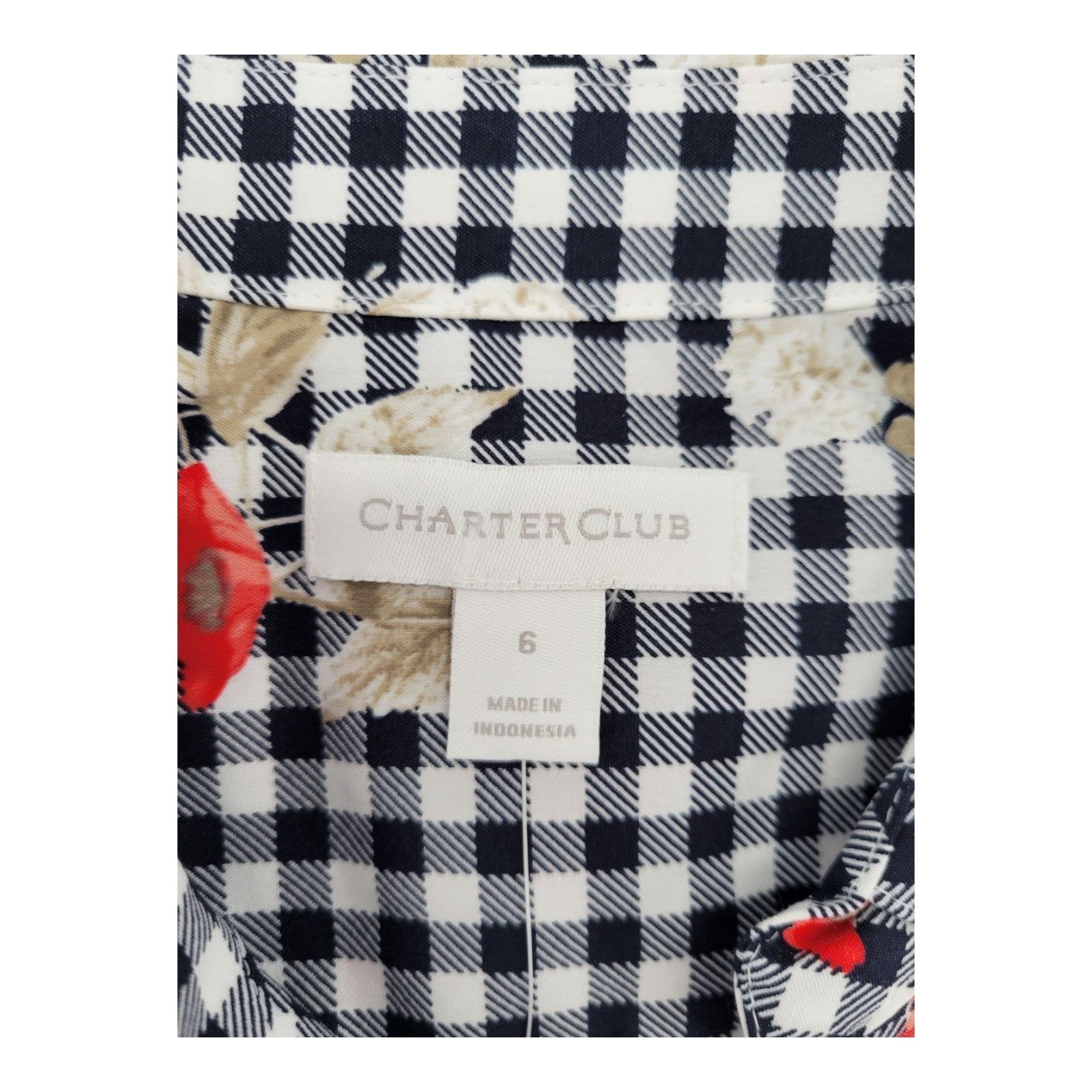 Charter Club Women's Sleeveless Gingham Floral Blouse Bright White Combo Size 6