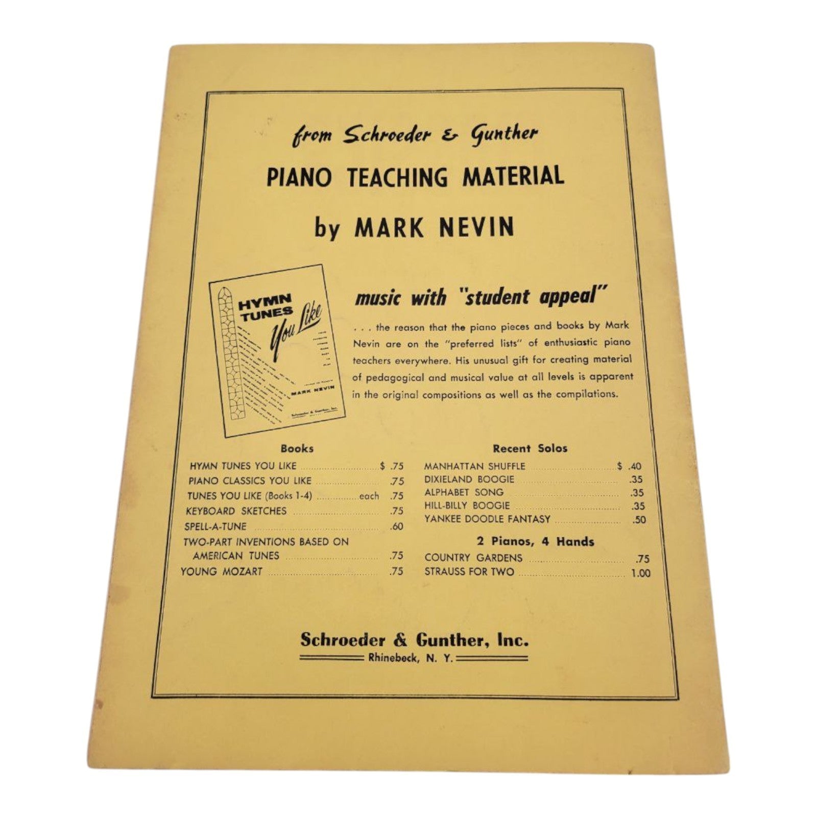 Piano Classics You Like by Mark Nevin Sheet Music Schroeder & Gunther Inc USA