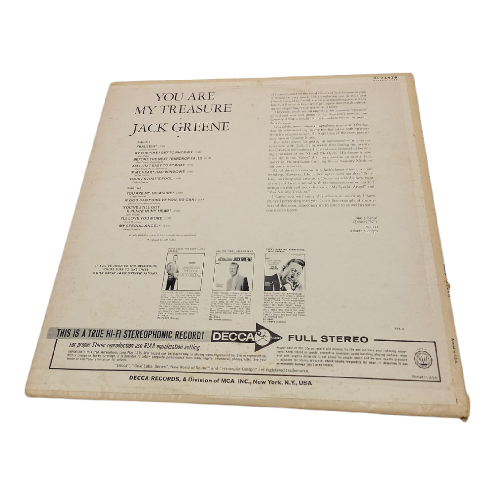1968 Vintage Decca Jack Greene You Are My Treasure Vinyl LP Record Collectible