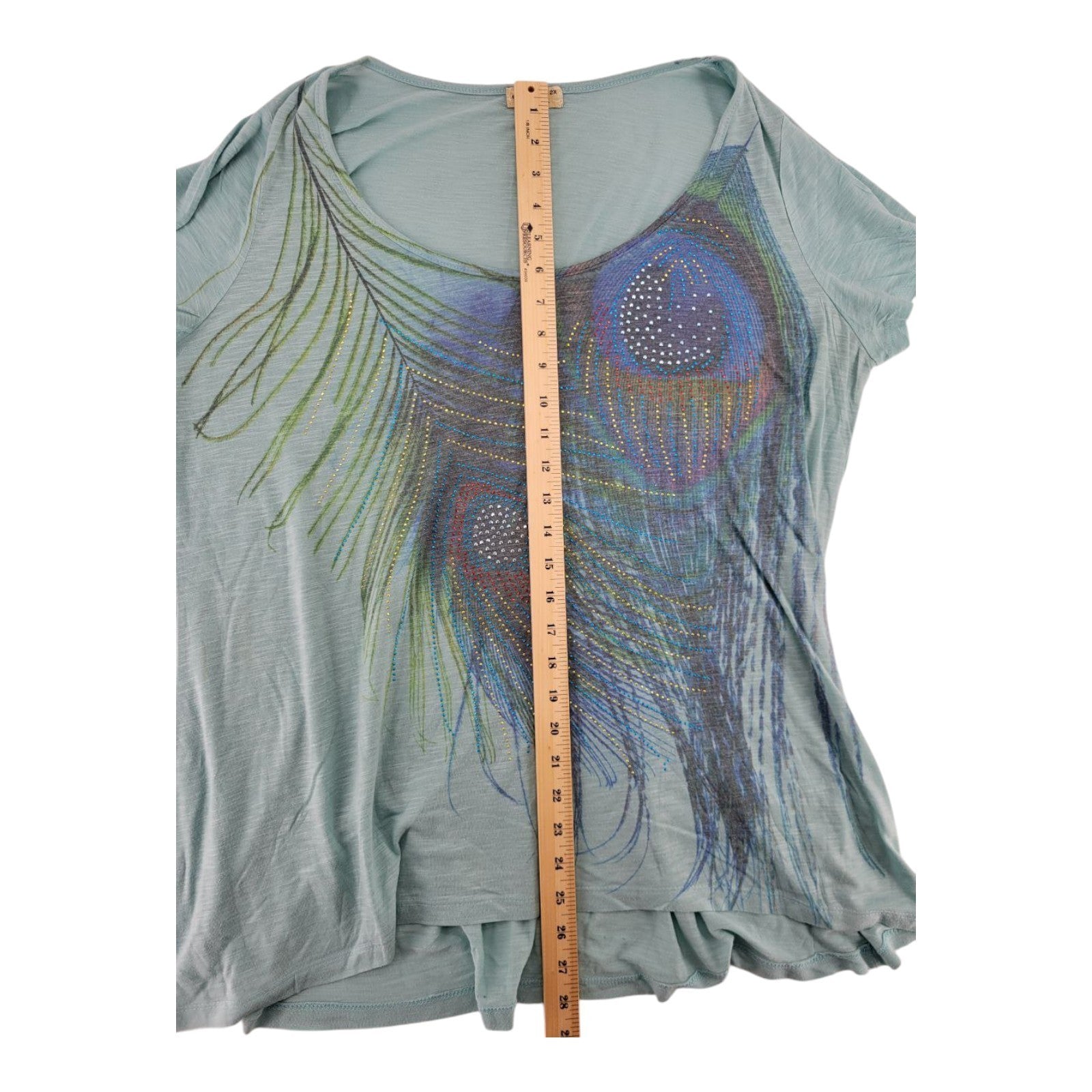 One World Live and Let Live Sage Green Boho Peacock Top Short Sleeve Size 2X