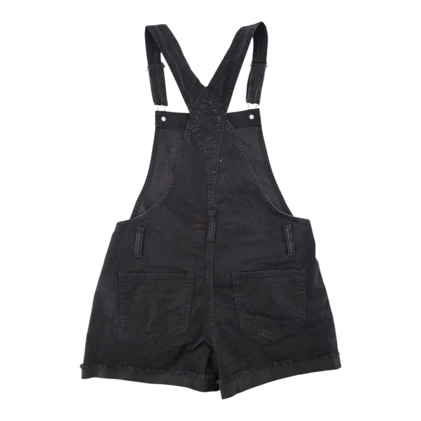 No Boundaries NOBO Women's Black Denim Overall Shorts Frayed Hem Size M (7-9)