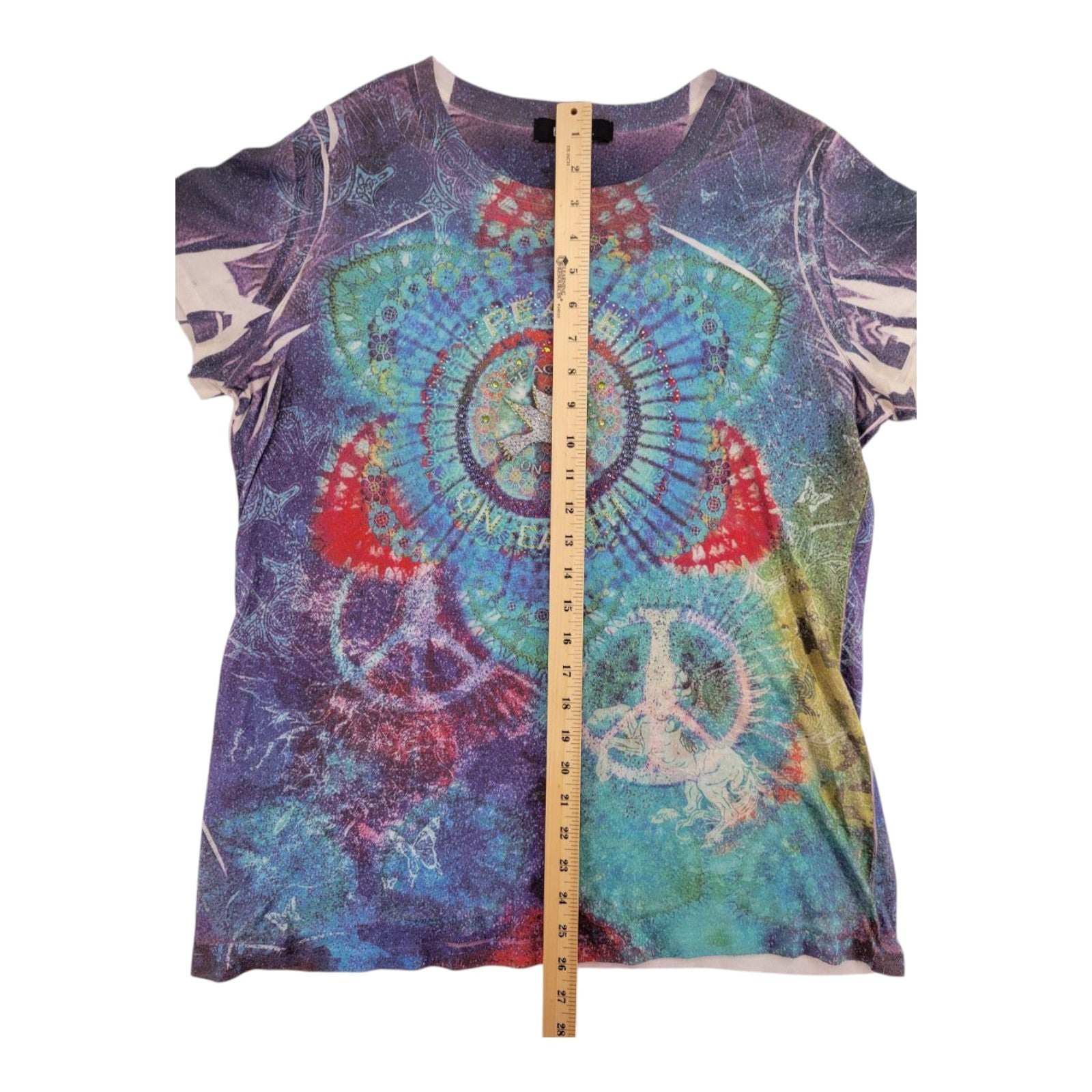 B.L.E.U. Women's Peace On Earth Rhinestone Tee USA Made Graphic XL