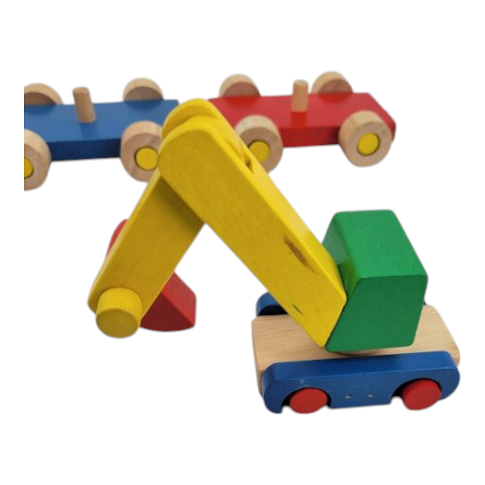 Vintage Toy Wood Train Blue Yellow Red Green with Wood Crain Dump Truck