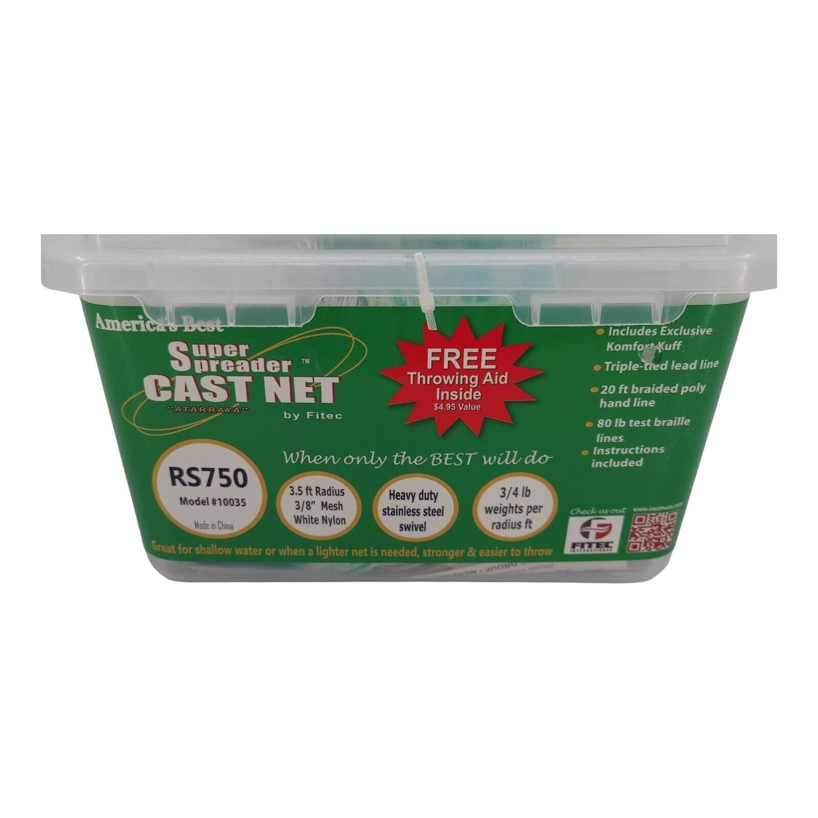 Fitec Super Spreader Cast Net White 3.5 ft Radius 3/8 Mesh 3/4 Lb Per Ft Weight