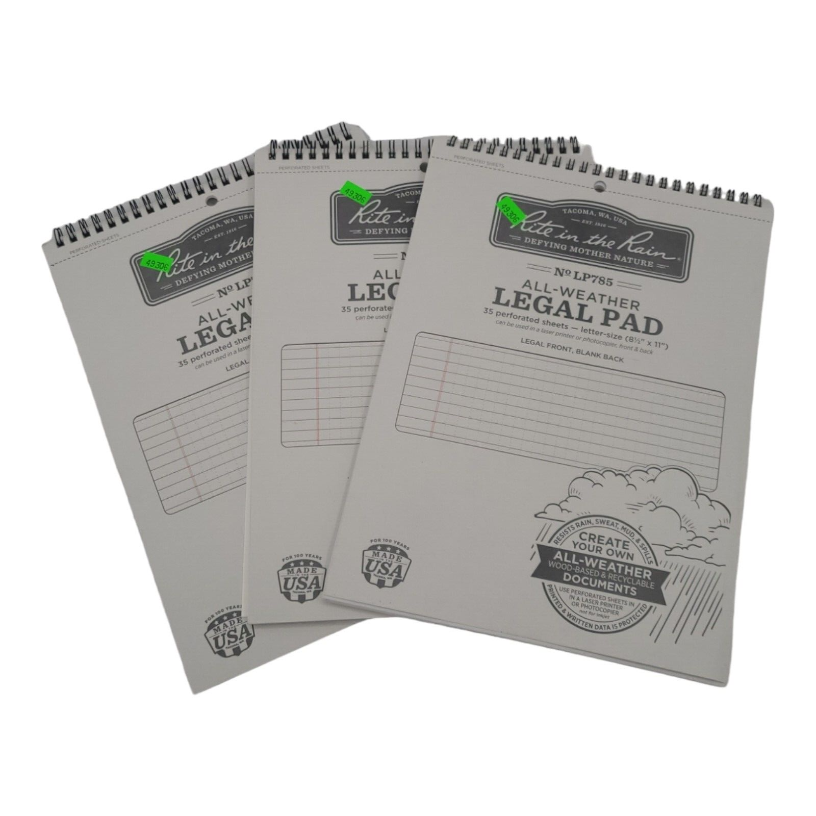 Rite In The Rain Weatherproof Legal Pad 8.5" x 11" Gray Cover Legal Pattern 3 Pk