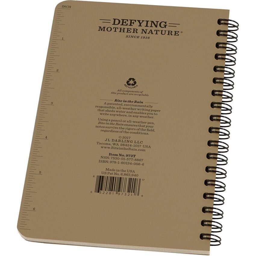 Rite In The Rain Notebook Side Spiral Binding Weatherproof Polydura Tan 973T