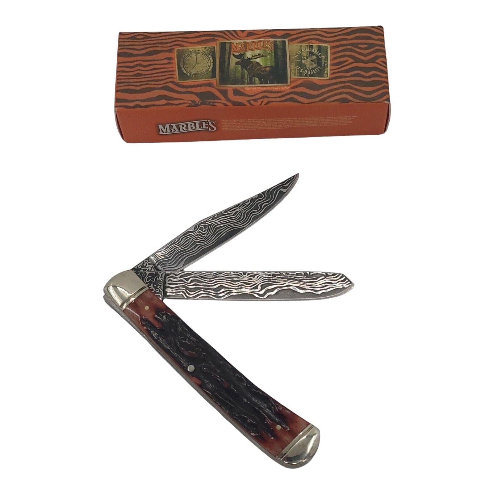 Marbles MR267 Folding Pocket Knife with Two Custom Etched Damascus Blades