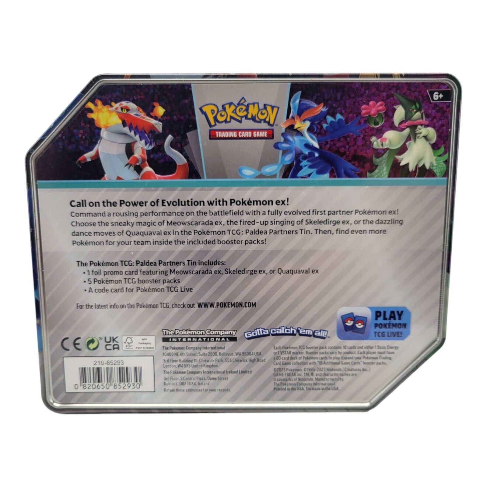 Nintendo Pokemon TCG Paldea Partners Tin Skeledirge ex 5 Booster Packs Promo