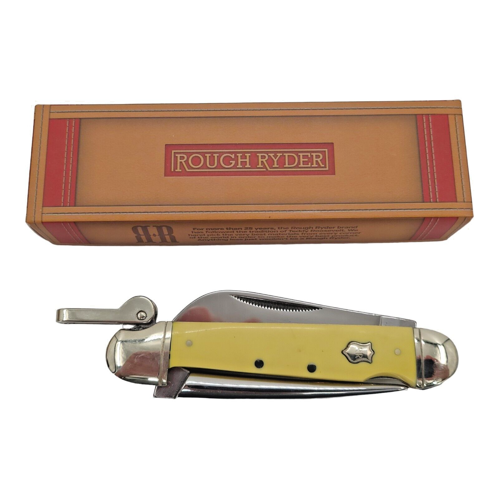 Rough Rider Marlin Spike Smooth Yellow Handles Stainless Folding Blade Knife