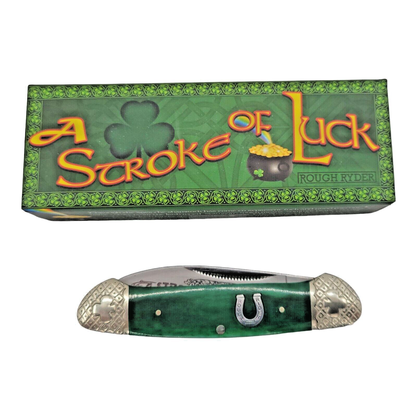 Rough Rider Canoe Folding Blade Shamrock Stroke of Luck Green Bone Knife 1062