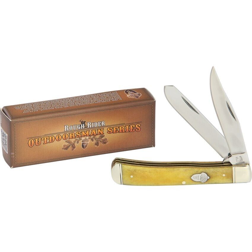 Rough Ryder Trapper Pocket Knife Stainless Steel Blades Tobacco Cow Bone Handle