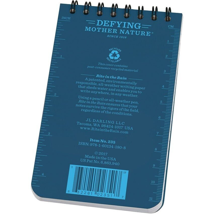 Rite in the Rain Notebook Top Spiral Waterproof All Weather 3" x 5" Blue 3 Pack