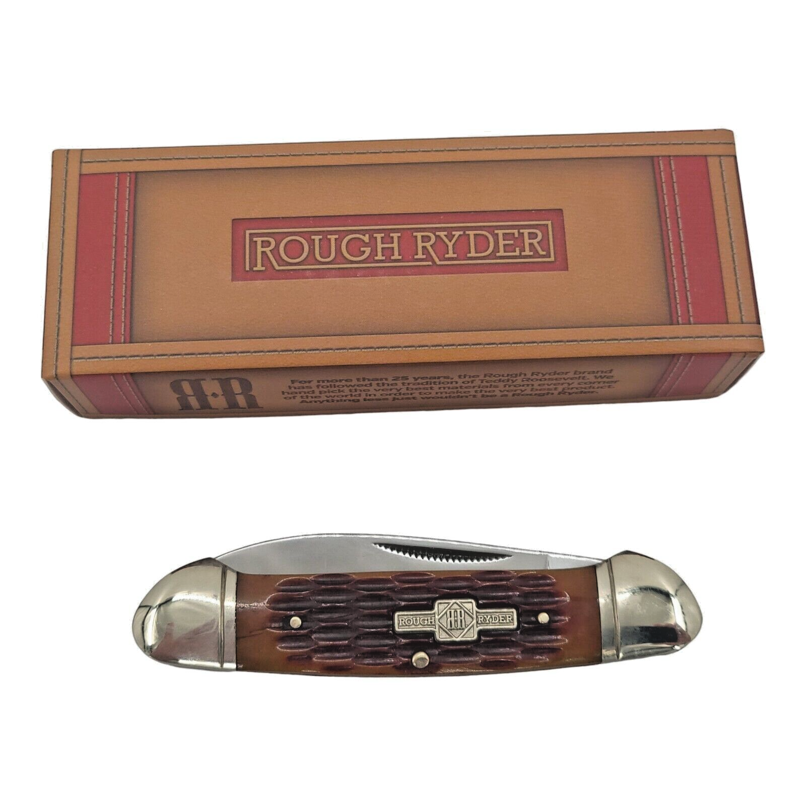 Rough Rider Canoe Folding Spear and Pen Blades Amber Jigged Bone Handle Knife