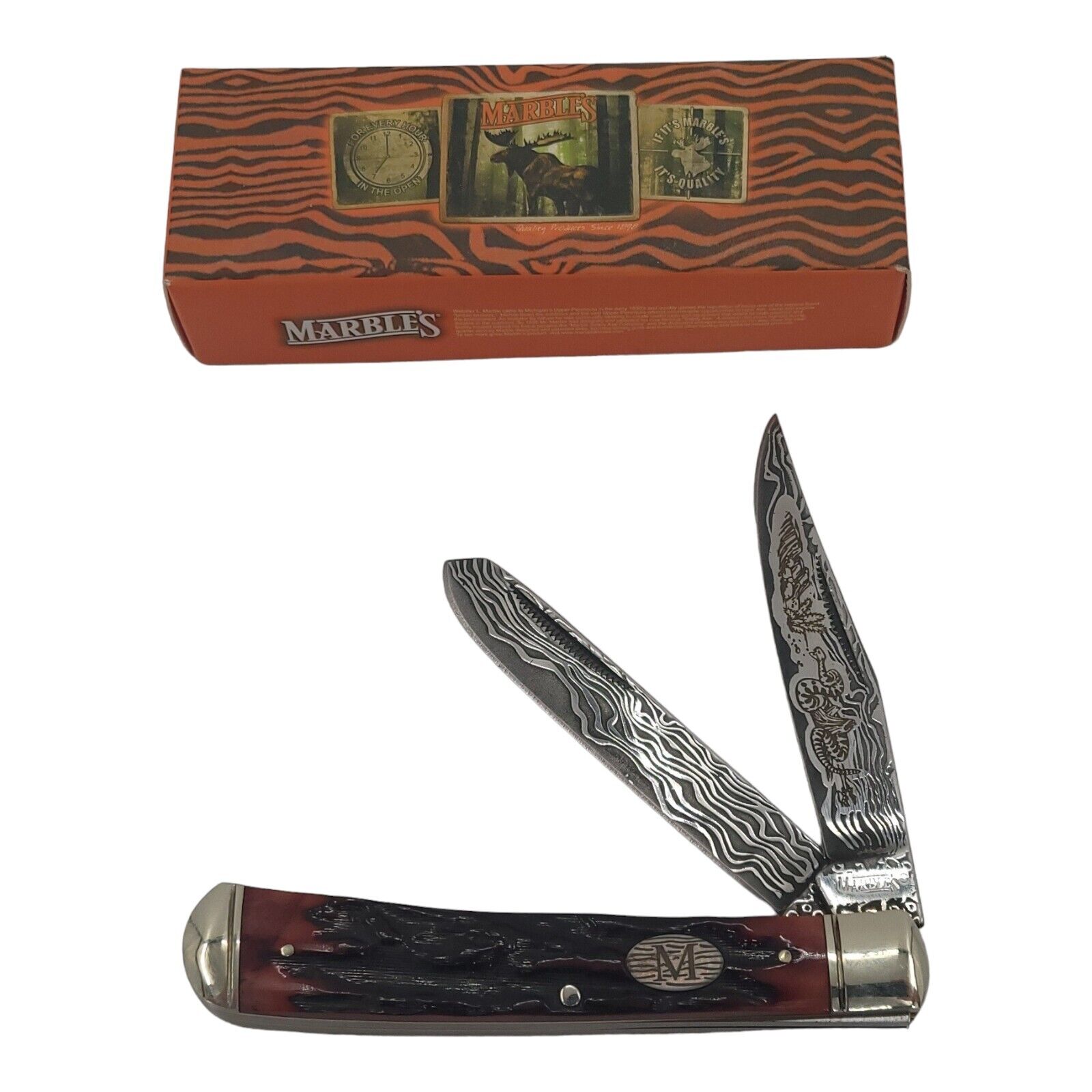 Marbles MR267 Folding Pocket Knife with Two Custom Etched Damascus Blades