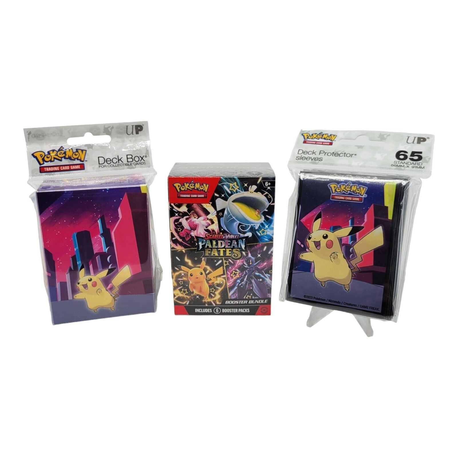 Pokemon TCG Scarlet and Violet Paldean Fates Booster Bundle Deck Box and Sleeves