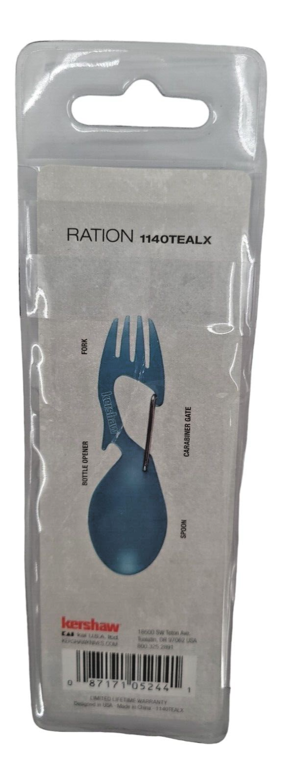 Kershaw Ration Eating Tool Teal Fork Spoon Bottle-Opener Carabiner Stainless