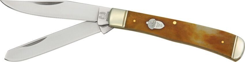 Rough Ryder Trapper Pocket Knife Stainless Steel Blades Tobacco Cow Bone Handle