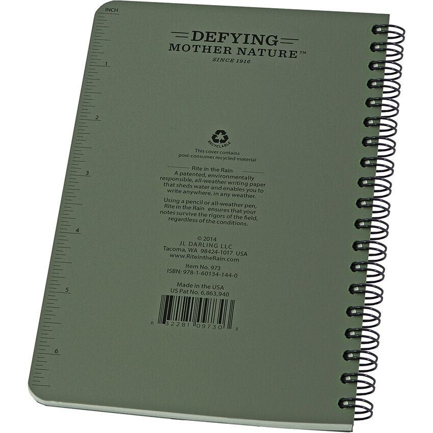 Rite in the Rain Notebook Side Spiral Weatherproof 32 Sheets Green 5"x7" No 973