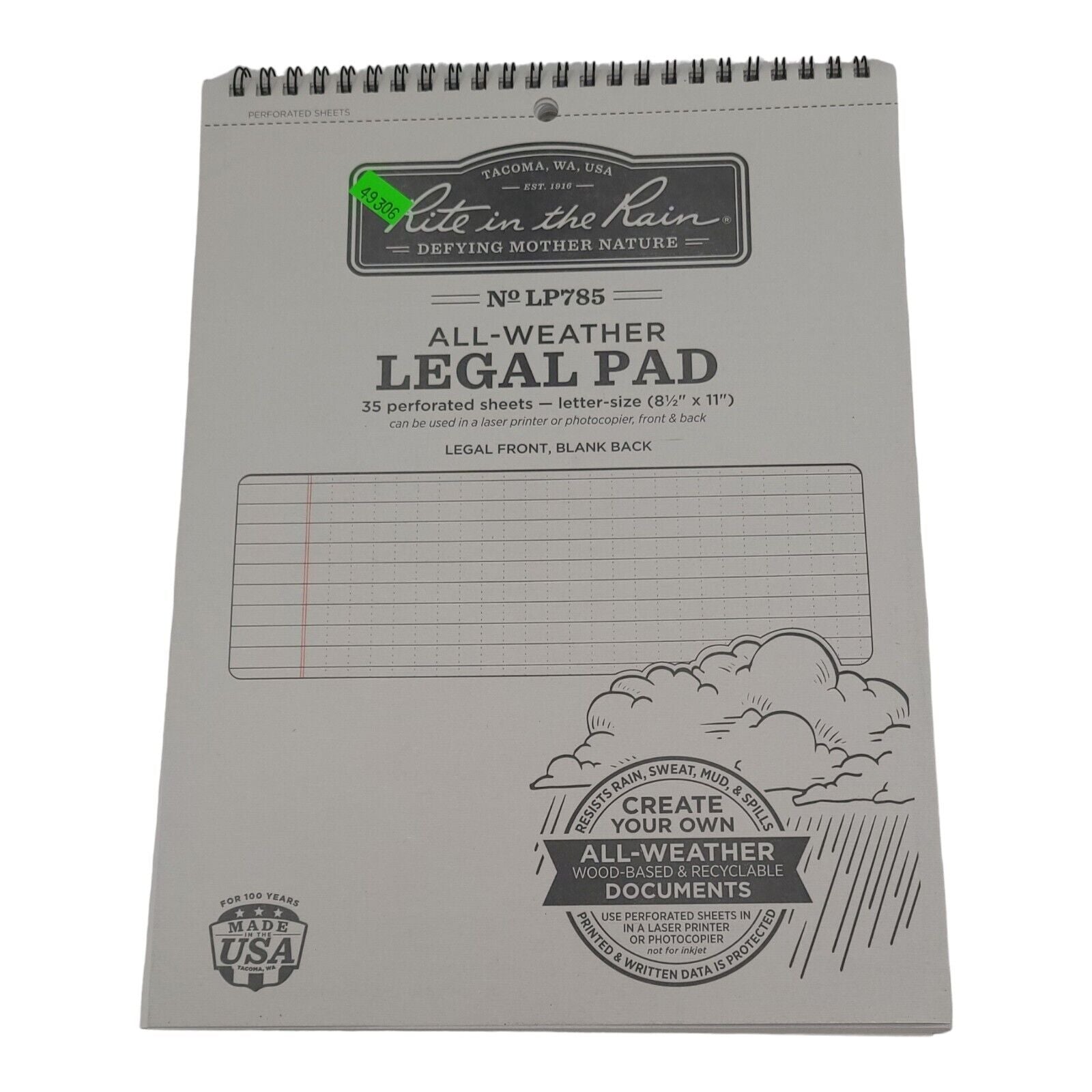 Rite In The Rain Weatherproof Legal Pad 8.5" x 11" Gray Cover Legal Pattern 3 Pk