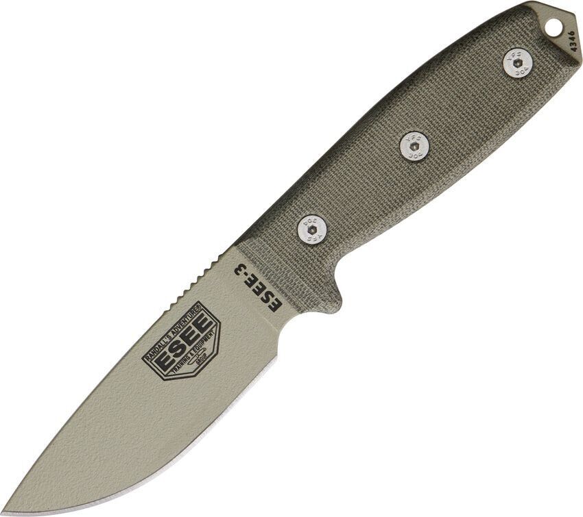 ESEE Model 3 Desert Tan Blade Plain Edge Linen Micarta Handle 3PKODT