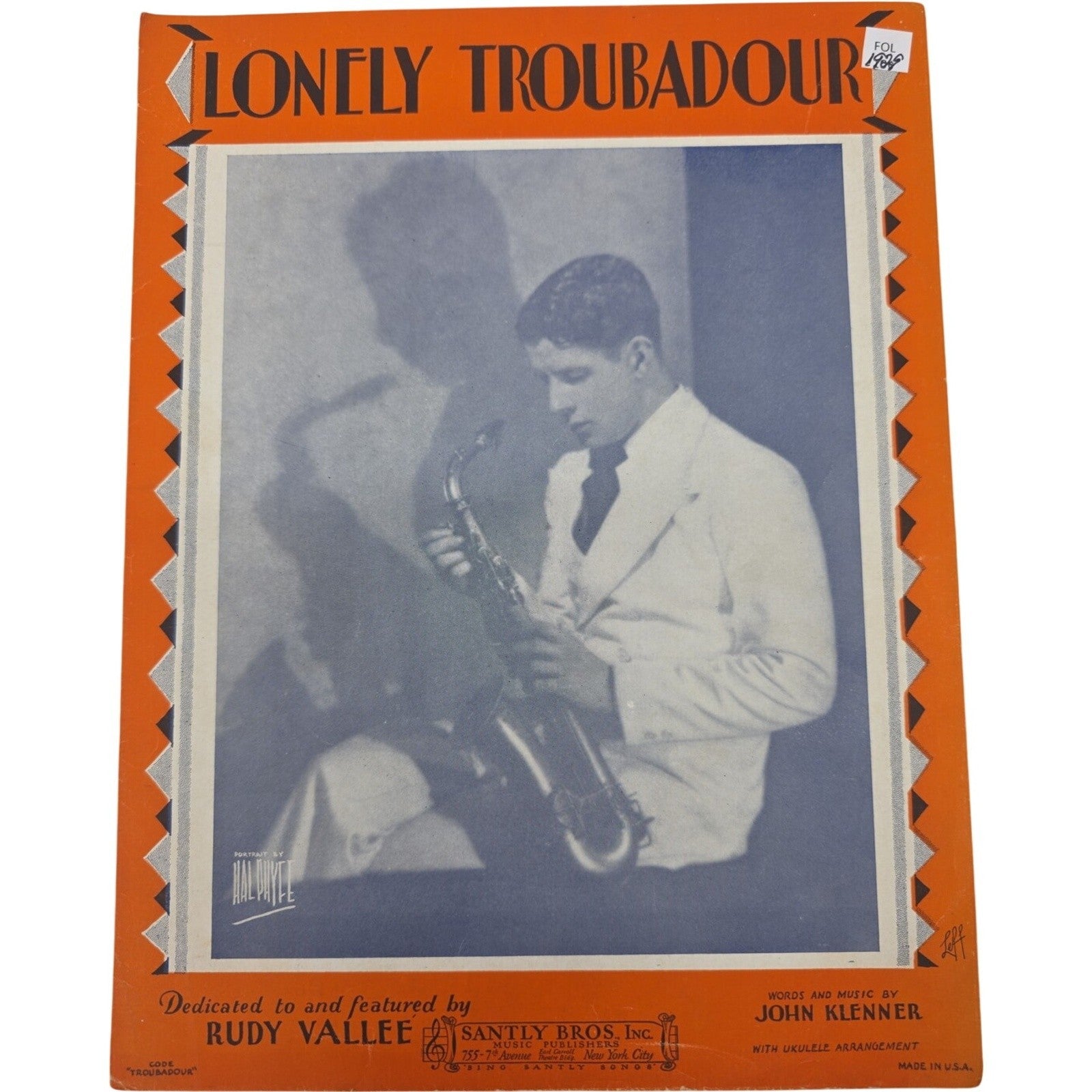 1929 Sheet Music Lonely Troubadour Rudy Vallee Klenner Ukulele Banjulele Banjo