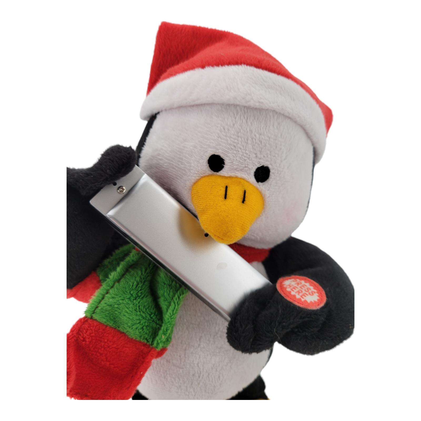 Animated Christmas Penguin Plush Santa Hat Singing Toy with Flute Press Here