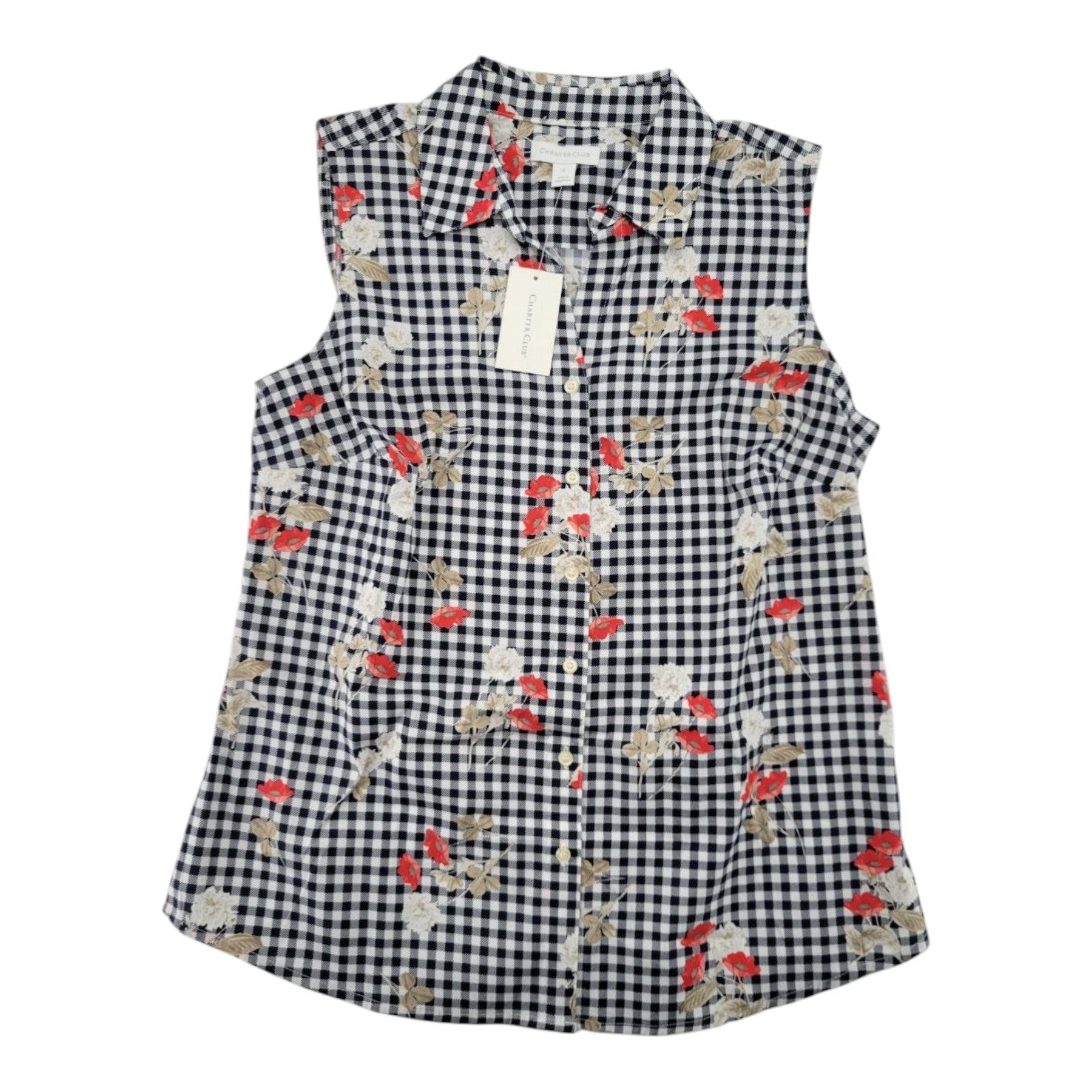 Charter Club Women's Sleeveless Gingham Floral Blouse Bright White Combo Size 6