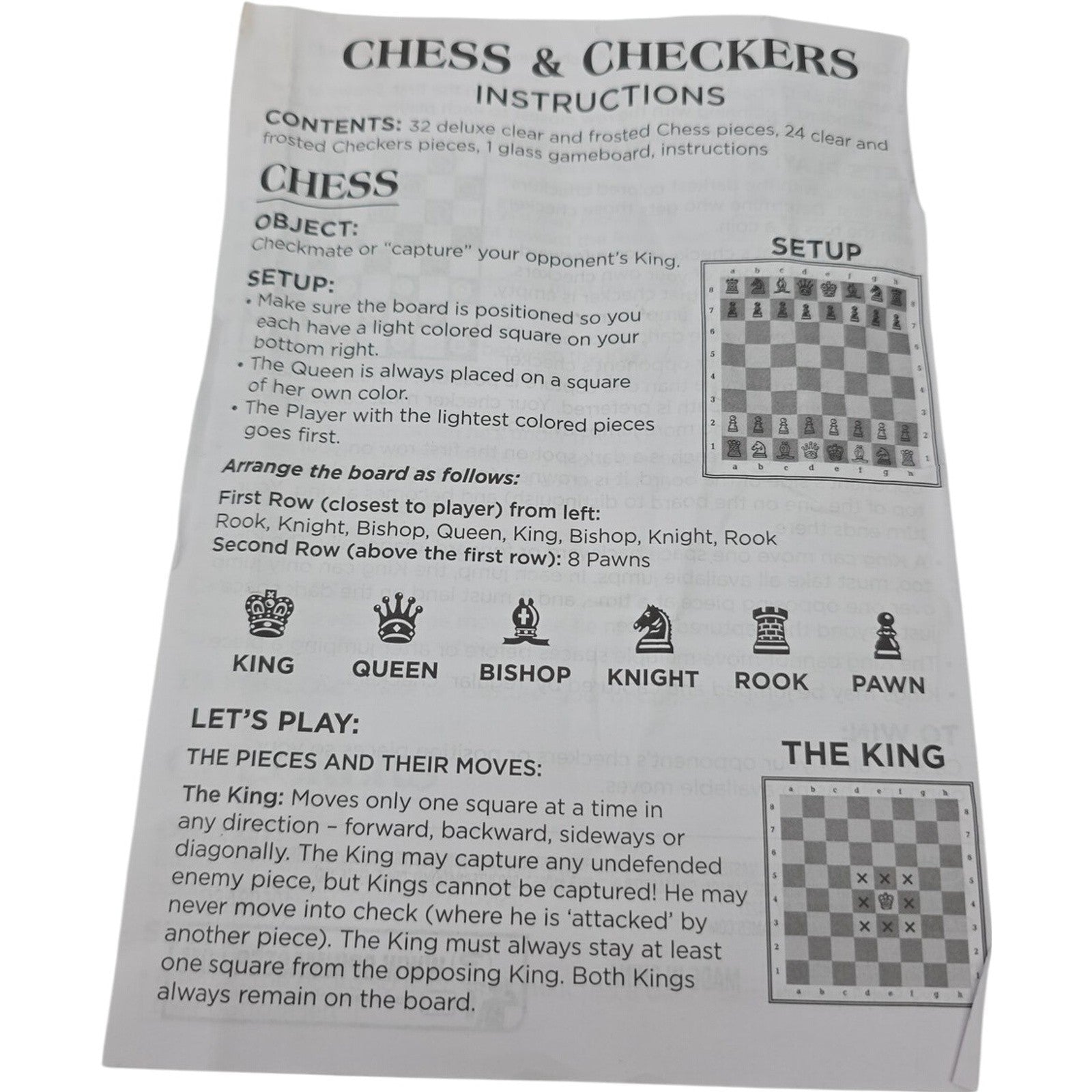 Glass Chess & Checkers Set Clear and Frosted Piece Game Board with Instruction