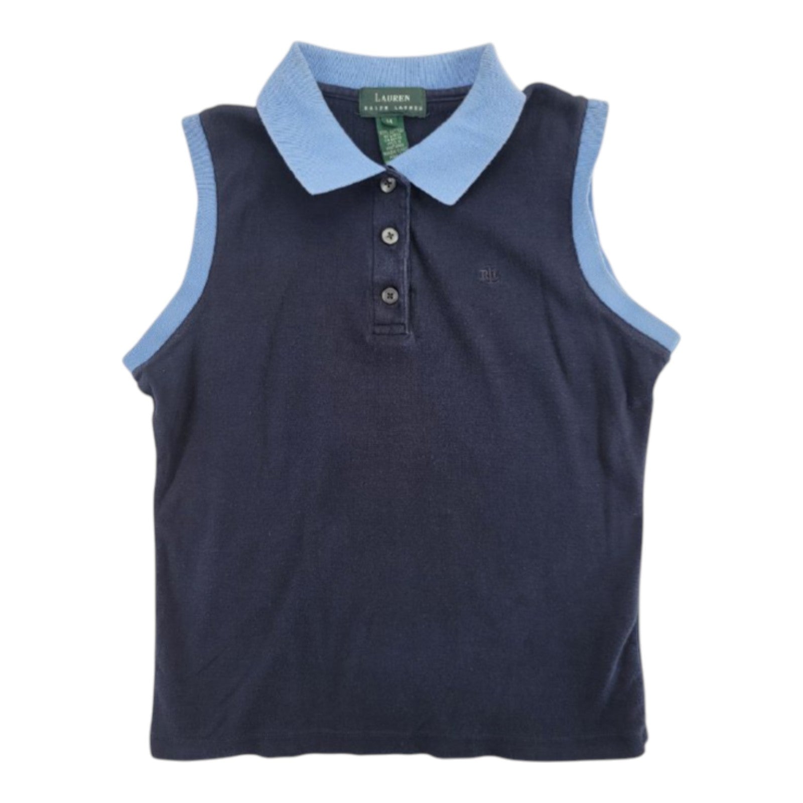 Ralph Lauren Women's Navy Sleeveless Polo Shirt Contrast Collar Cotton M