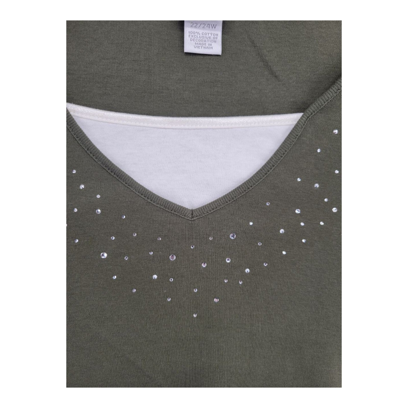 Women's Olive Green V-Neck Rhinestone Long Sleeve Shirt Plus Size 22/24W