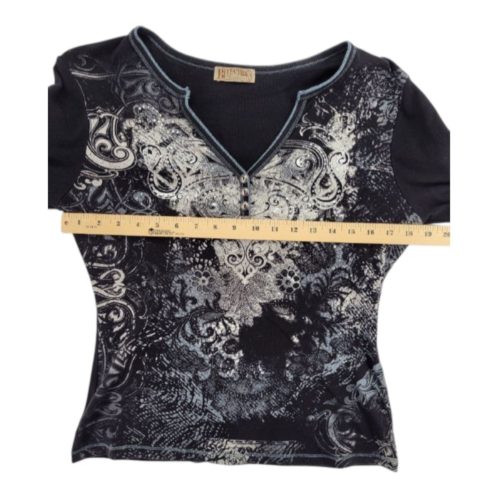 Blue Canyon Clothing Women's Black Scroll Floral Print Henley Top Long Sleeve L