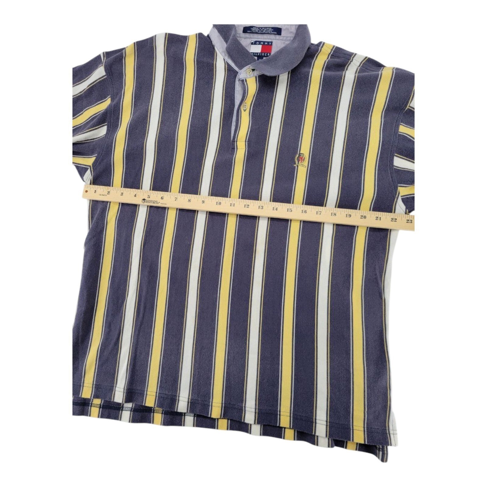 Tommy Hilfiger Polo Shirt Yellow Navy Vertical Stripe Crest Logo Mens Size XL